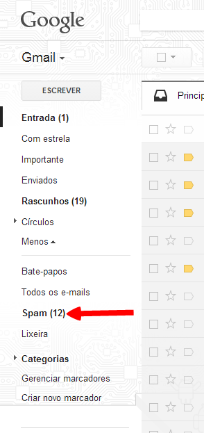 Uma seta apontando para a caixa de spam